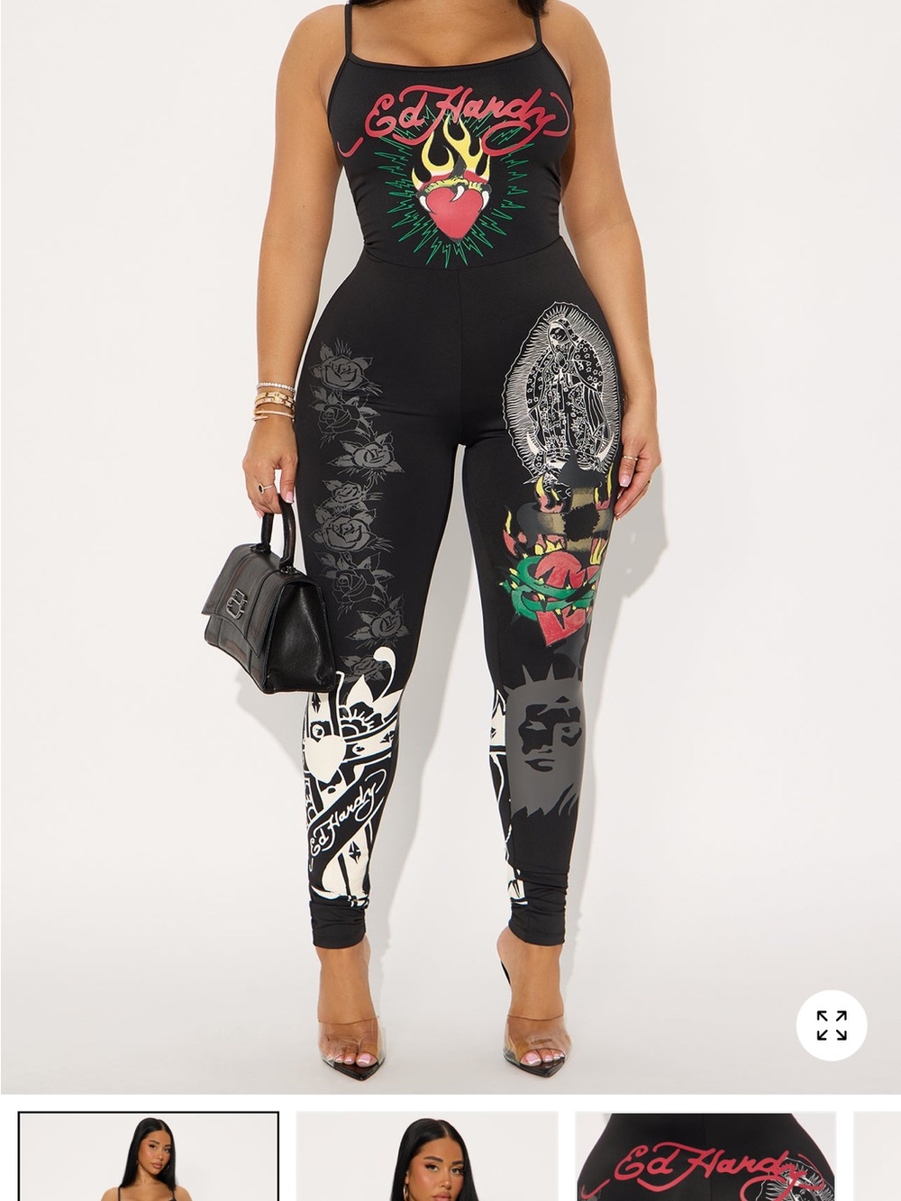 Ed Hardy Black Graphic Tattoo-Print Jumpsuit with Red & Green Accents